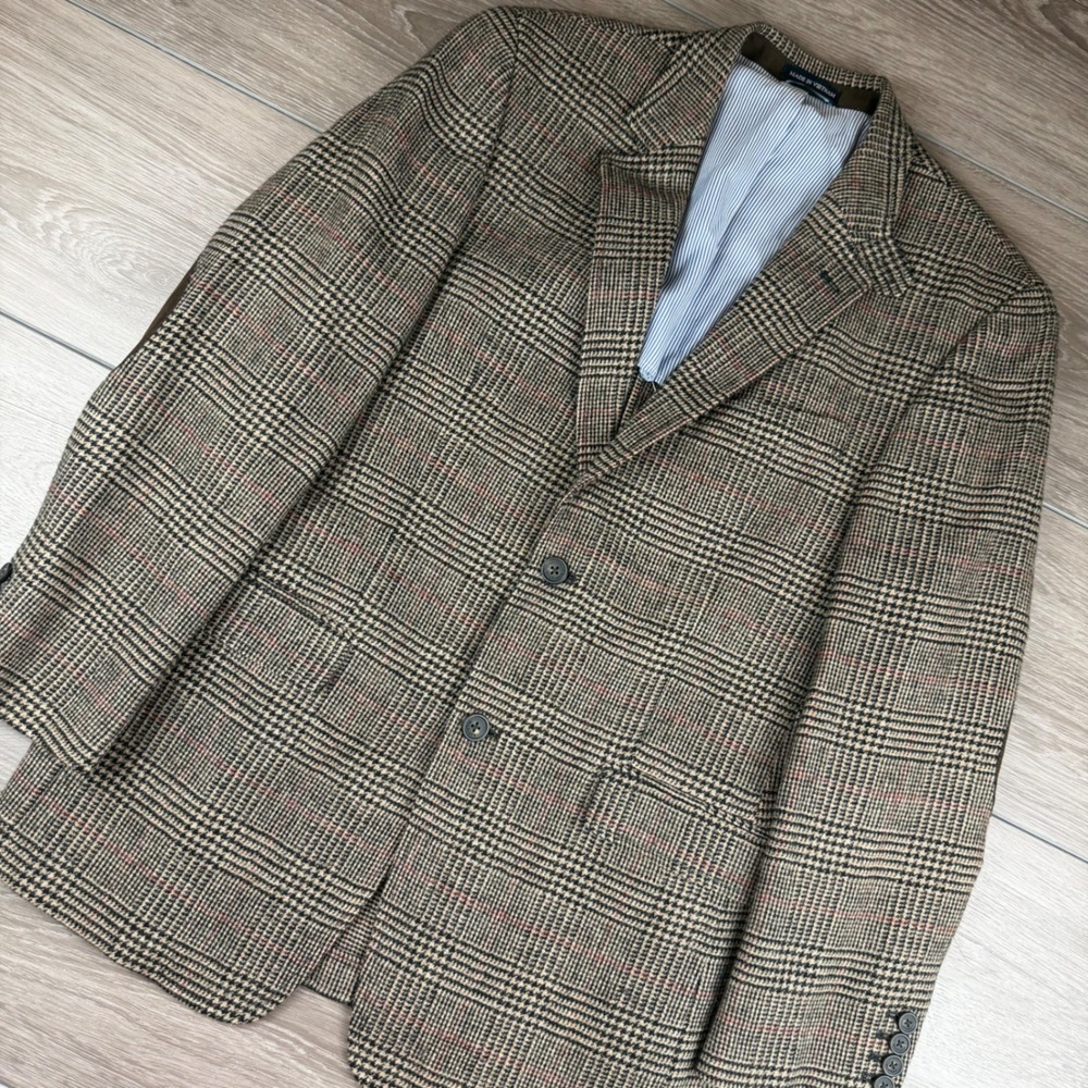 Tommy Hilfiger Mens Blazer Glen Plaid Elbow Patches Brown 40R